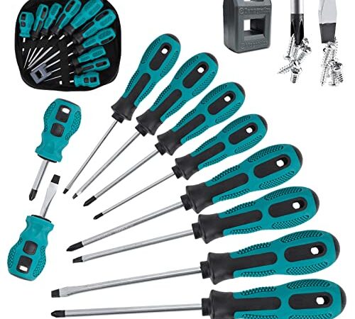 10 Pezzi Set di Cacciaviti, 5 Cacciaviti a Testa Piatta, 5 Cacciaviti a Croce, Magnetiche Punte Cacciaviti, Acciaio al Cromo Vanadio Cacciaviti Elettricista con Borsa Portaoggetti Magnetizzatore