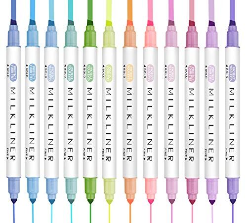 EooUooIP Evidenziatori Pastello, punta a scalpello sottili e larghe evidenziatore a doppia testa pennarelli, per la classe e l'ufficio, evidenziatori cartoleria per scrivere, 12 Colori