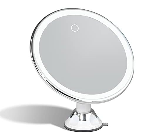 Fancii Ricaricabile Specchio Ingranditore 10x Ricaricabile con 3 Impostazioni di Luce a LED e Ventosa Potente - 20 cm Specchio per Il Trucco del Bagno Dimmerabile Illuminato, Luna 2