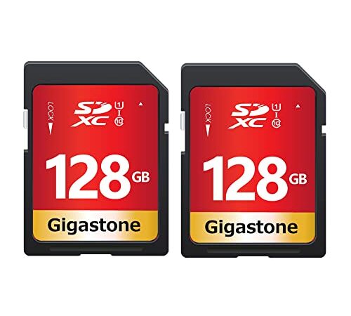 Gigastone Scheda SD 128 GB, Set da 2, Scheda di Memoria SDXC, Velocità di Lettura Fino a 80 MB/sec, Classe 10 U1 UHS-I, Specialmente per Fotocamere Videocamera Telecamera PC