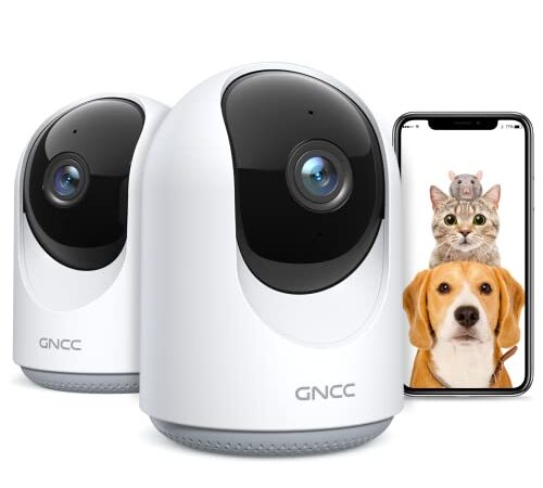 GNCC Telecamera Wi-Fi Interno, 1080P 2 Pezzi Videocamera Sorveglianza Rotazione a 360°PTZ, Visione Notturna,Tracciamento Automatico del Movimento e Allarme Suoni (Manuale Su e Giù), P1-2