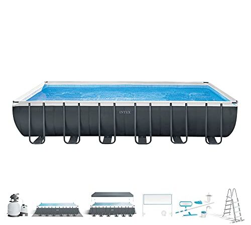 Intex 26368 Piscina Rettangolare, con Pompa a Sabbia Combo, Scaletta Doppia, Capacità d'Acqua 31.805 L al 90%, Grigio, 732 x 366 x 132 cm