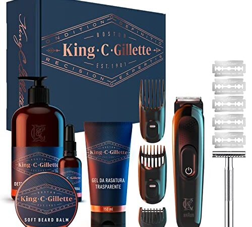 King C. Gillette Kit Regalo Platinum Per Cura Barba Uomo: Regolabarba + Rasoio di Sicurezza + Detergente, Balsamo e Olio per Barba e Viso + Gel da Rasatura, Idea Regalo