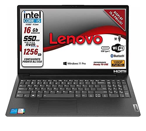 Lenovo Notebook SSD Intel i5 11 th 4 Core, Display FULL HD 15,6, Ram 16Gb DDR4, SSD da 256 Gb + HDD DA 1 Tera, wifi, Bt, usb, Win11 Pro, preconfigurato e pronto all'uso, Garanzia e layout Italia