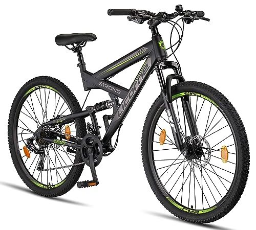 Licorne Bike Strong 2D Premium Mountain Bike Bicicletta per ragazzi, ragazze, donne e uomini – Freno a disco anteriore e posteriore – 21 marce – Sospensione completa (nero/lime, 27,5)