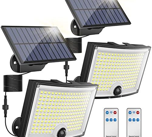 Luce Solare LED Esterno, Kagoling Faretto Solare da Esterno con sensore di movimento[202LED/3Modi] Luci Solari Esterno impermeabile IP65 con telecomando e cavo di prolunga da 5M [2 Pezzi] per giardini