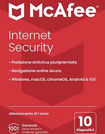 McAfee Internet Security 2023 | 10 Dispositivi | Software di Protezione Antivirus e Sicurezza Internet, Windows/Mac/Android/iOS | 1 Anno di Abbonamento | Via posta