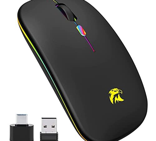 Mouse Senza Fili,Mouse Bluetooth,LED Slim a Due Modalità(Bluetooth 5.0 e 2.4G Wireless) Mouse LED Ricaricabile con Adattatore USB e Tipo C 3 DPI Regolabili per iPad 13/MacBook/Laptop/Mac OS (Black)