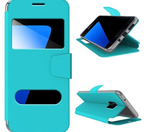 N NEWTOP Cover Compatibile per Samsung Galaxy S7, HQ Windows Notifiche Display Risposta Finestra Custodia Libro Flip Magnetica Simil Pelle Stand Protettiva (Azzurro)