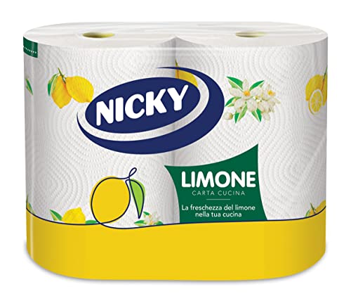 Nicky Limone Carta Cucina - 2 Rotoli da 100 Fogli Assorbenti a 2 Veli, Spessa e Resistente, Fresco Profumo di Limone, Carta 100% Certificata FSC®