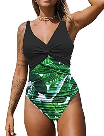 NLAND Costume Intero Donna da Contenitivo Push Up a Vita Alta Costumi con Scollo a V da Bagno Donna Beachwear dello Swimwear Imbottito (Stampato Fronte e Retro#2, XXL)