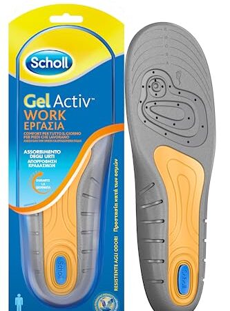 Scholl Solette Gel Activ Work, Solette da Lavoro per Uomo, Con Teconologia Antiodore, Azione Ammortizzante e Anti Urti, Taglia 40-46.5, Confezione da 1 Paio, Colori Assortiti