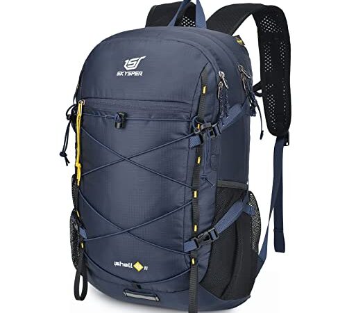 SKYSPER Zaino Ultraleggero Pieghevole, Zaino Ripiegabile 30L Resistente all'Acqua con Strisce Riflettenti Zaino da Trekking con Uscita dell'acqua per Hiking Escursione Viaggio ISHE30-Blu navy