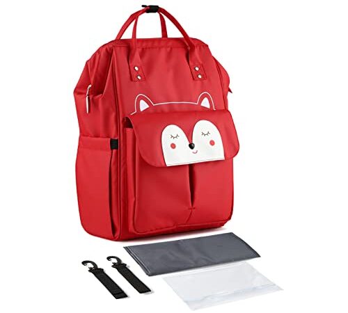 SONARIN Grande Capacità Zaino Fasciatoio Alla Moda,Borsa per Pannolini Multifunzione Impermeabile Zaino Mamma Neonato Borsa Fasciatoio da Viaggio con Fasciatoio & Ganci per Passeggino(Rosso)