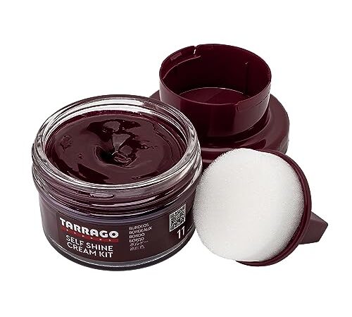 Tarrago | Kit Crema Self Shine 50 ml | Crema nutriente di cere naturali per lucidare la pelle, la pelle liscia, le calzature naturali o sintetiche | Con Spugna Applicatore (Bordeaux 11)