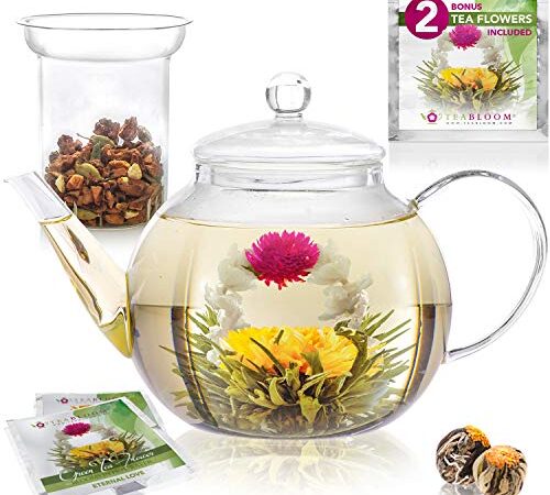 Teabloom Set Teiera in Vetro con Infusore - Capacità 4-5 Tazze - Perfetta per Tè Sfuso o Fiori di Tè - 2 Fiori di Tè Inclusi (Teiera 1200 ml)