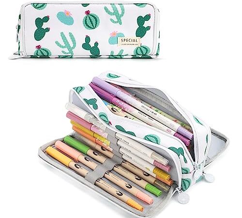TOYESS Grande Capacità Astuccio con 3 Scomparti per Bambina e Ragazza, Astuccio Portamatite Scuola per Ufficio & scuola, Astuccio Portatile Multifunzionale per Studenti/Insegnanti（Cactus