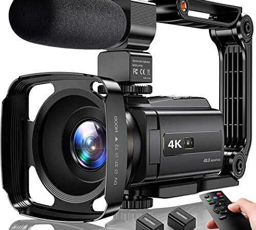 Videocamera 4K 48MP UHD WiFi IR Visione Notturna Vlogging per YouTube Zoom Digitale 16X Registratore Touch Screen con Microfono,Stabilizzatore Portatile, Paraluce, Telecomando, 2 Batterie