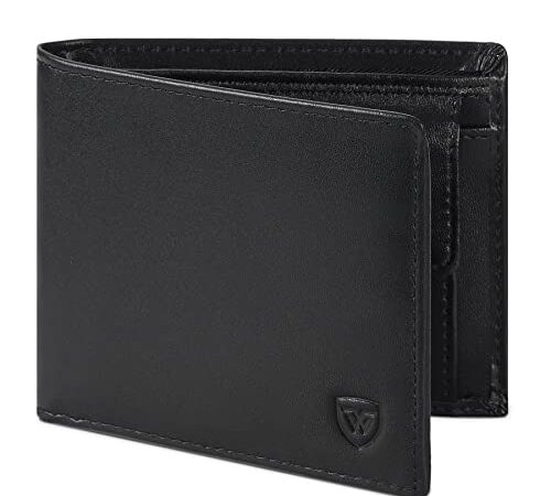 WONSEFOO Portafoglio Uomo Vera Pelle Blocco RFID , Portafoglio Uomo Piccolo con 9 scomparti per carte di credito , 1 portamonete , 1 Finestra ID , 1 portachiavi uomo , Set Regalo Uomo